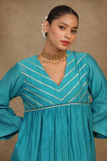 Buy_Trendy Tokari_Blue Silk, Chanderi Gota Patti Striped Lace Yoke Embroidered Kurta Pant Set _Online_at_Aza_Fashions