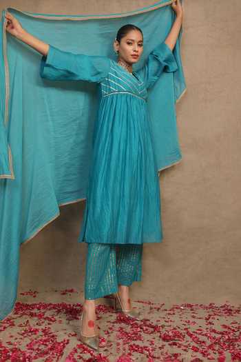 Shop_Trendy Tokari_Blue Silk, Chanderi Gota Patti Striped Lace Yoke Embroidered Kurta Pant Set _Online_at_Aza_Fashions