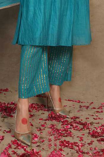 Trendy Tokari_Blue Silk, Chanderi Gota Patti Striped Lace Yoke Embroidered Kurta Pant Set _at_Aza_Fashions