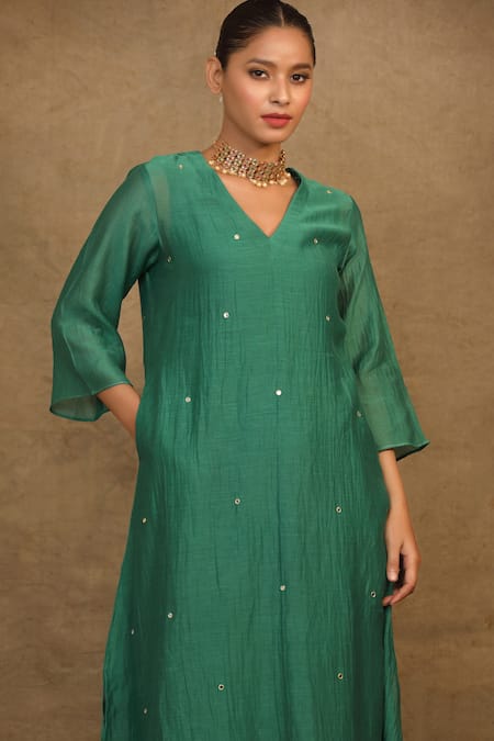 Buy_Trendy Tokari_Green Silk, Chanderi Mirrors, Metallic Spluttered Embroidered Kurta Pant Set 