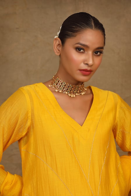 Shop_Trendy Tokari_Yellow Silk, Chanderi Metallic Thread, Embroidery Dimensional Kurta Pant Set _Online_at_Aza_Fashions