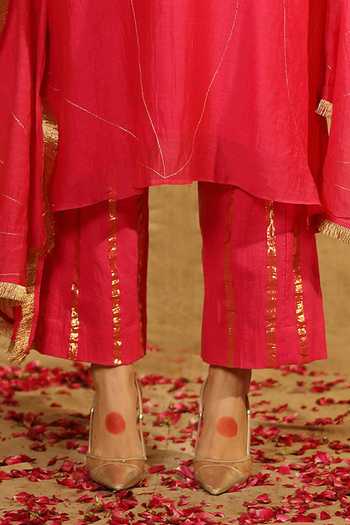 Trendy Tokari_Pink Silk, Chanderi Metallic Thread, Zari, Embroidery Round Neck Kurta Pant Set _Online_at_Aza_Fashions