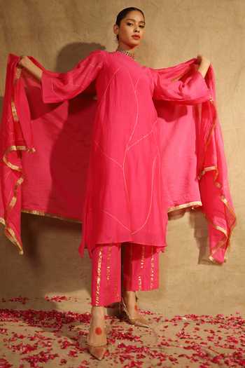 Shop_Trendy Tokari_Pink Silk, Chanderi Metallic Thread, Zari, Embroidery Round Neck Kurta Pant Set _Online_at_Aza_Fashions