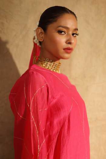 Trendy Tokari_Pink Silk, Chanderi Metallic Thread, Zari, Embroidery Round Neck Kurta Pant Set _at_Aza_Fashions