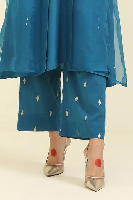 Trendy Tokari_Blue Organza Mirrors Open , Round Border Embroidered Jacket Pant Set _Online_at_Aza_Fashions