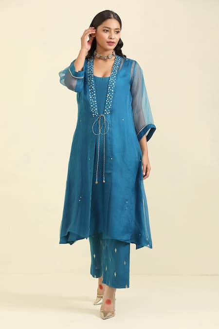 Buy_Trendy Tokari_Blue Organza Mirrors Open , Round Border Embroidered Jacket Pant Set _Online_at_Aza_Fashions