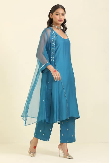 Shop_Trendy Tokari_Blue Organza Mirrors Open , Round Border Embroidered Jacket Pant Set _Online_at_Aza_Fashions