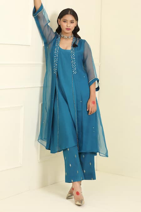 Trendy Tokari_Blue Organza Mirrors Open , Round Border Embroidered Jacket Pant Set _at_Aza_Fashions