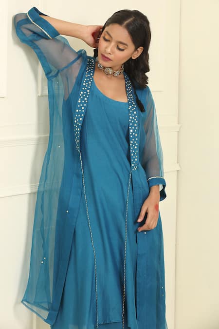 Buy_Trendy Tokari_Blue Organza Mirrors Open , Round Border Embroidered Jacket Pant Set 