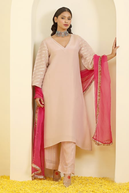 Trendy Tokari_Peach Silk, Tissue Gota Patti, Sequins, Striped Lace Embroidered Kurta Pant Set _Online_at_Aza_Fashions