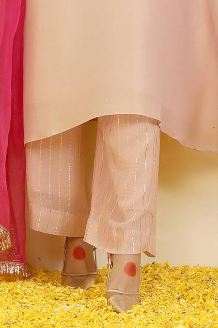 Buy_Trendy Tokari_Peach Silk, Tissue Gota Patti, Sequins, Striped Lace Embroidered Kurta Pant Set _Online_at_Aza_Fashions