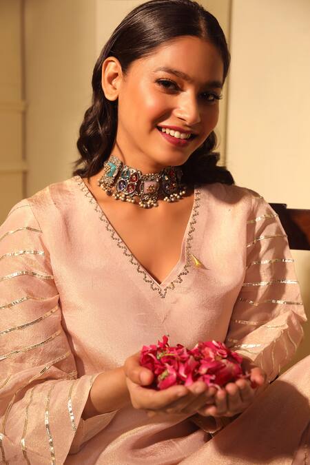 Trendy Tokari_Peach Silk, Tissue Gota Patti, Sequins, Striped Lace Embroidered Kurta Pant Set _at_Aza_Fashions