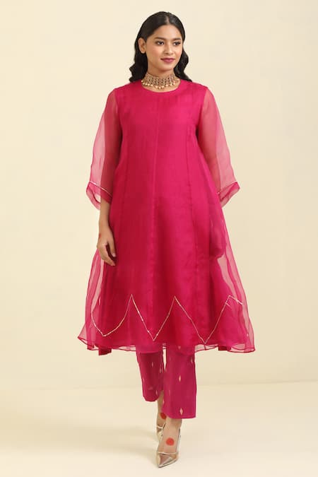 Trendy Tokari_Pink Organza Sequins, Embroidery Round Neck Prism Kurta Pant Set _Online_at_Aza_Fashions