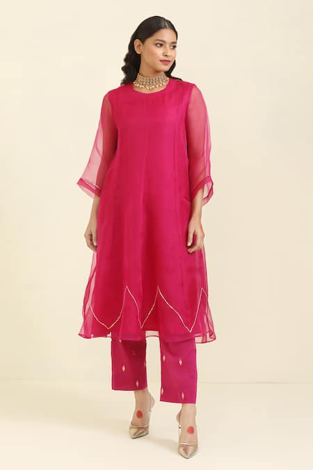Buy_Trendy Tokari_Pink Organza Sequins, Embroidery Round Neck Prism Kurta Pant Set _Online_at_Aza_Fashions