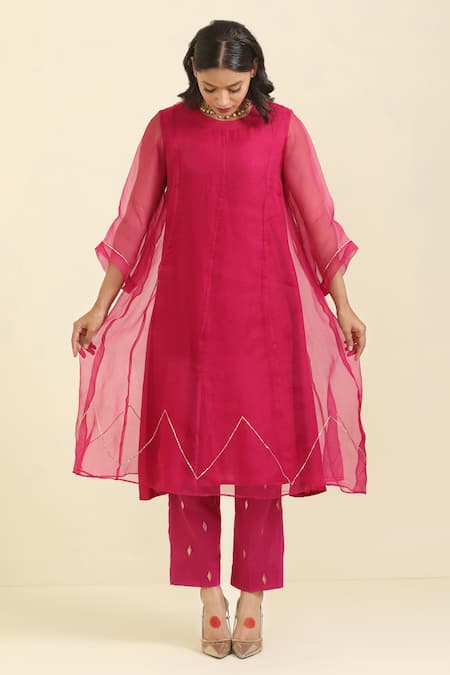 Shop_Trendy Tokari_Pink Organza Sequins, Embroidery Round Neck Prism Kurta Pant Set _Online_at_Aza_Fashions