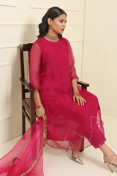 Buy_Trendy Tokari_Pink Organza Sequins, Embroidery Round Neck Prism Kurta Pant Set 