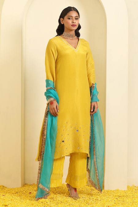 Trendy Tokari_Yellow Silk, Tissue Embroidery, Zari, Tassels V-neck Sheesha Kurta Pant Set _Online_at_Aza_Fashions