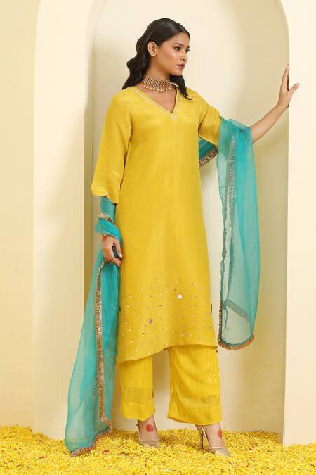 Shop_Trendy Tokari_Yellow Silk, Tissue Embroidery, Zari, Tassels V-neck Sheesha Kurta Pant Set _Online_at_Aza_Fashions