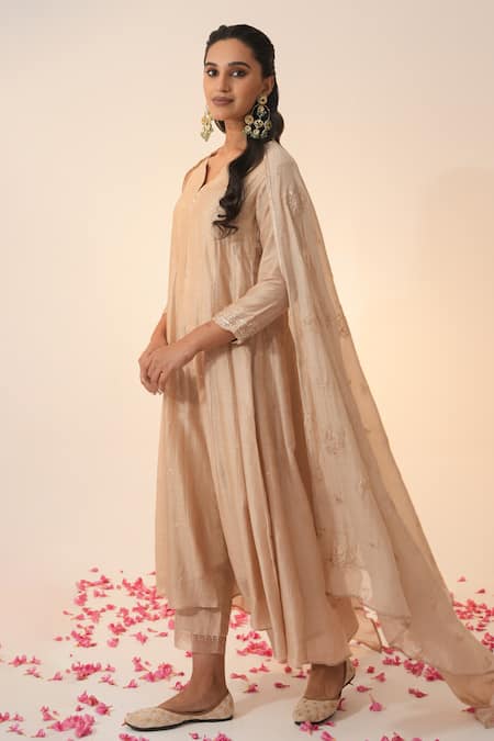 Label Mansi Nagdev_Gold Cotton, Silk Embroidery, Gota Patti, Piping Taabiir Anarkali Trouser Set _Online_at_Aza_Fashions