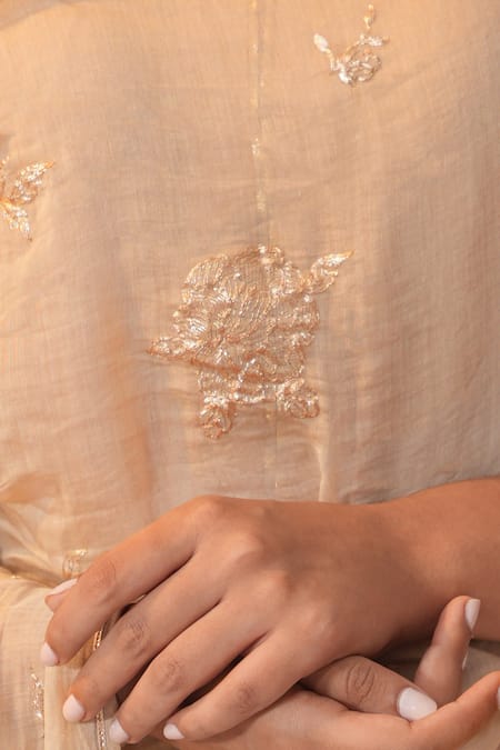 Buy_Label Mansi Nagdev_Gold Cotton, Silk Embroidery, Gota Patti, Piping Taabiir Anarkali Trouser Set _Online_at_Aza_Fashions