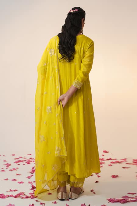 Label Mansi Nagdev Lime Green Cotton Silk Anarkali Set 