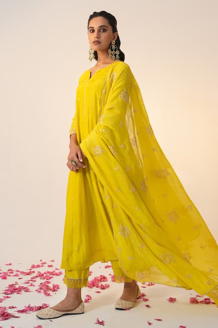 Label Mansi Nagdev_Green Cotton, Silk Sequins, Gota Patti, Embroidery Split Lime Anarkali Set _Online_at_Aza_Fashions