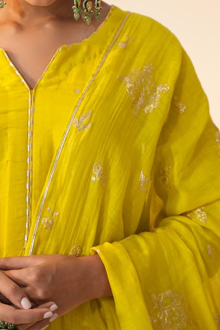 Buy_Label Mansi Nagdev_Green Cotton, Silk Sequins, Gota Patti, Embroidery Split Lime Anarkali Set _Online_at_Aza_Fashions