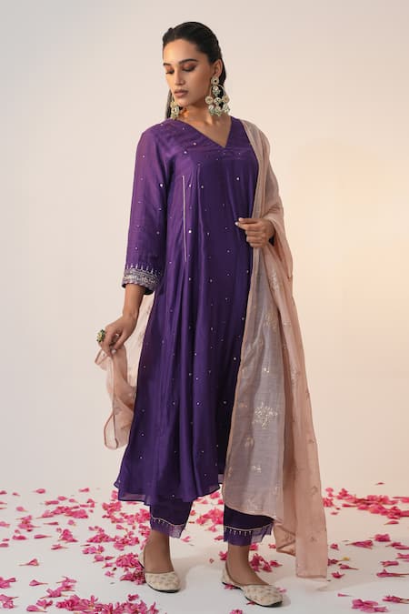 Label Mansi Nagdev Purple Cotton Silk Hand Embroidery Pittan V Neck Inaayat Anarkali Trouser Set