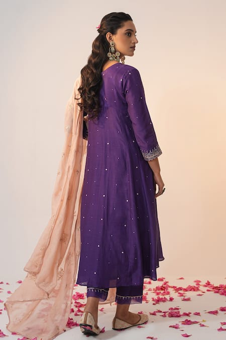 Shop_Label Mansi Nagdev_Purple Cotton, Silk Embroidery, Gota Patti, Inaayat Anarkali Trouser Set _at_Aza_Fashions