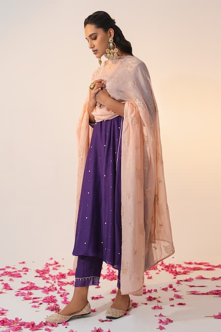 Label Mansi Nagdev_Purple Cotton, Silk Embroidery, Gota Patti, Inaayat Anarkali Trouser Set _Online_at_Aza_Fashions