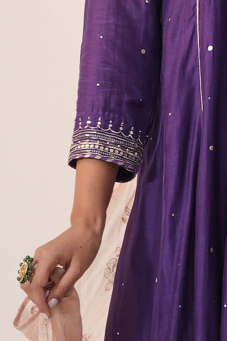 Shop_Label Mansi Nagdev_Purple Cotton, Silk Embroidery, Gota Patti, Inaayat Anarkali Trouser Set _Online_at_Aza_Fashions