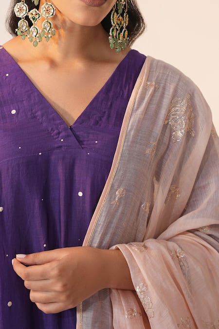 Label Mansi Nagdev_Purple Cotton, Silk Embroidery, Gota Patti, Inaayat Anarkali Trouser Set _at_Aza_Fashions