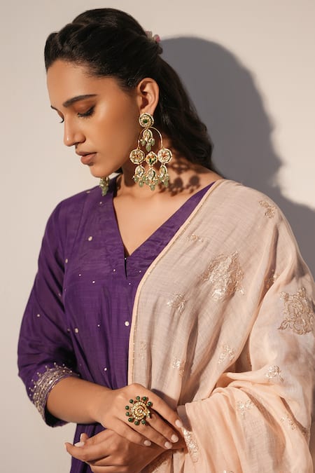 Buy_Label Mansi Nagdev_Purple Cotton, Silk Embroidery, Gota Patti, Inaayat Anarkali Trouser Set 