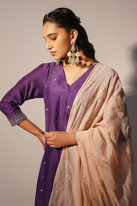 Shop_Label Mansi Nagdev_Purple Cotton, Silk Embroidery, Gota Patti, Inaayat Anarkali Trouser Set 