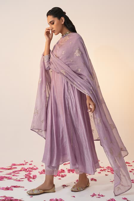Label Mansi Nagdev_Purple Cotton, Silk Gota Patti, Embroidery V-neck Naayaab Anarkali Trouser Set _Online_at_Aza_Fashions