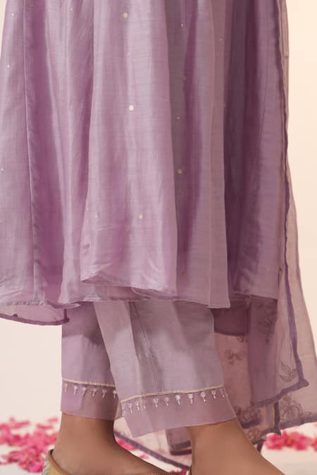 Label Mansi Nagdev_Purple Cotton, Silk Gota Patti, Embroidery V-neck Naayaab Anarkali Trouser Set _at_Aza_Fashions