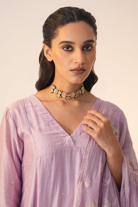 Buy_Label Mansi Nagdev_Purple Cotton, Silk Gota Patti, Embroidery V-neck Naayaab Anarkali Trouser Set 