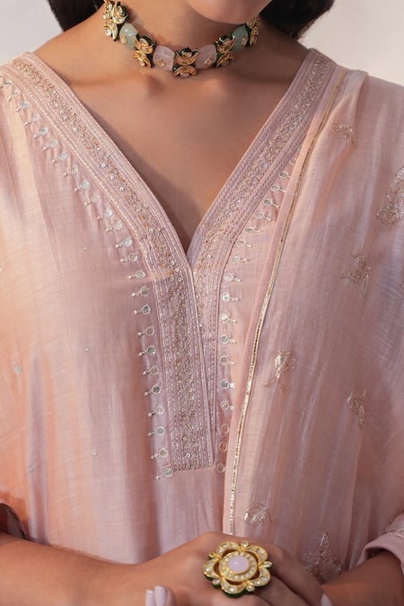 Label Mansi Nagdev_Peach Cotton Satin, Cotton, Silk Embroidery, Gota Patti V-neck Hand Kurta Set _Online_at_Aza_Fashions