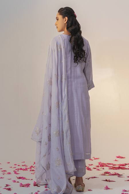 Shop_Label Mansi Nagdev_Blue Cotton, Silk Gota Patti V-neck Ziba Kurta Trouser Set _at_Aza_Fashions