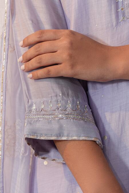 Buy_Label Mansi Nagdev_Blue Cotton, Silk Gota Patti V-neck Ziba Kurta Trouser Set _Online_at_Aza_Fashions