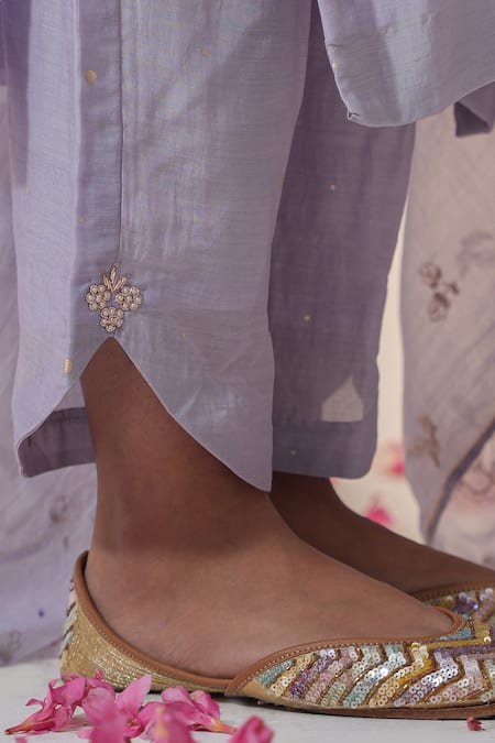 Shop_Label Mansi Nagdev_Blue Cotton, Silk Gota Patti V-neck Ziba Kurta Trouser Set _Online_at_Aza_Fashions