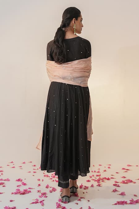 Shop_Label Mansi Nagdev_Black Cotton, Silk Gota Patti, Piping V-neck Zaniyah Anarkali Trouser Set _at_Aza_Fashions