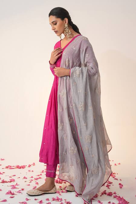 Label Mansi Nagdev_Pink Cotton, Silk Gota Patti V-neck Qainaat Anarkali Trouser Set _Online_at_Aza_Fashions