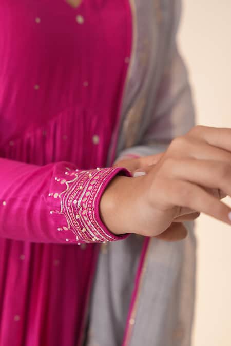 Buy_Label Mansi Nagdev_Pink Cotton, Silk Gota Patti V-neck Qainaat Anarkali Trouser Set _Online_at_Aza_Fashions