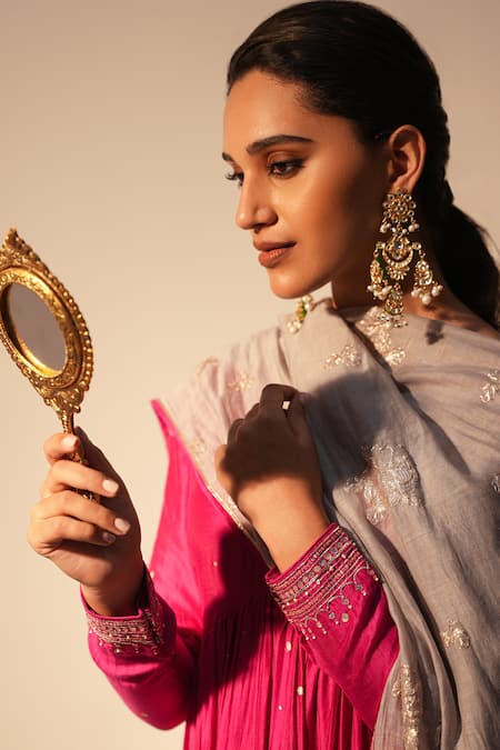 Shop_Label Mansi Nagdev_Pink Cotton, Silk Gota Patti V-neck Qainaat Anarkali Trouser Set _Online_at_Aza_Fashions