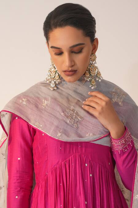 Label Mansi Nagdev_Pink Cotton, Silk Gota Patti V-neck Qainaat Anarkali Trouser Set _at_Aza_Fashions