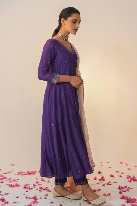 Label Mansi Nagdev_Purple Cotton, Silk Embroidery, Gota Patti, Ikhitiyaar Anarkali Trouser Set _Online_at_Aza_Fashions