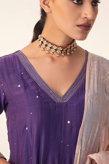 Buy_Label Mansi Nagdev_Purple Cotton, Silk Embroidery, Gota Patti, Ikhitiyaar Anarkali Trouser Set _Online_at_Aza_Fashions