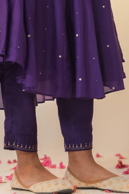 Label Mansi Nagdev_Purple Cotton, Silk Embroidery, Gota Patti, Ikhitiyaar Anarkali Trouser Set _at_Aza_Fashions