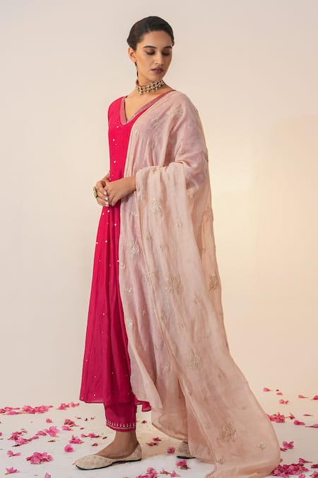 Shop_Label Mansi Nagdev_Red Cotton, Silk Embroidery, Gota Patti V-neck Tashreen Anarkali Trouser Set _Online_at_Aza_Fashions